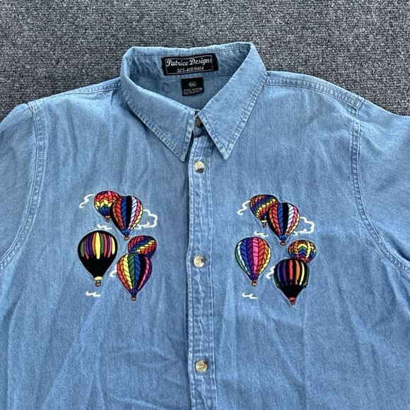 Women's Vintage 90's Embroidered Air Balloon Denim Rainbow Shirt Button Up 2XL - Picture 2 of 7
